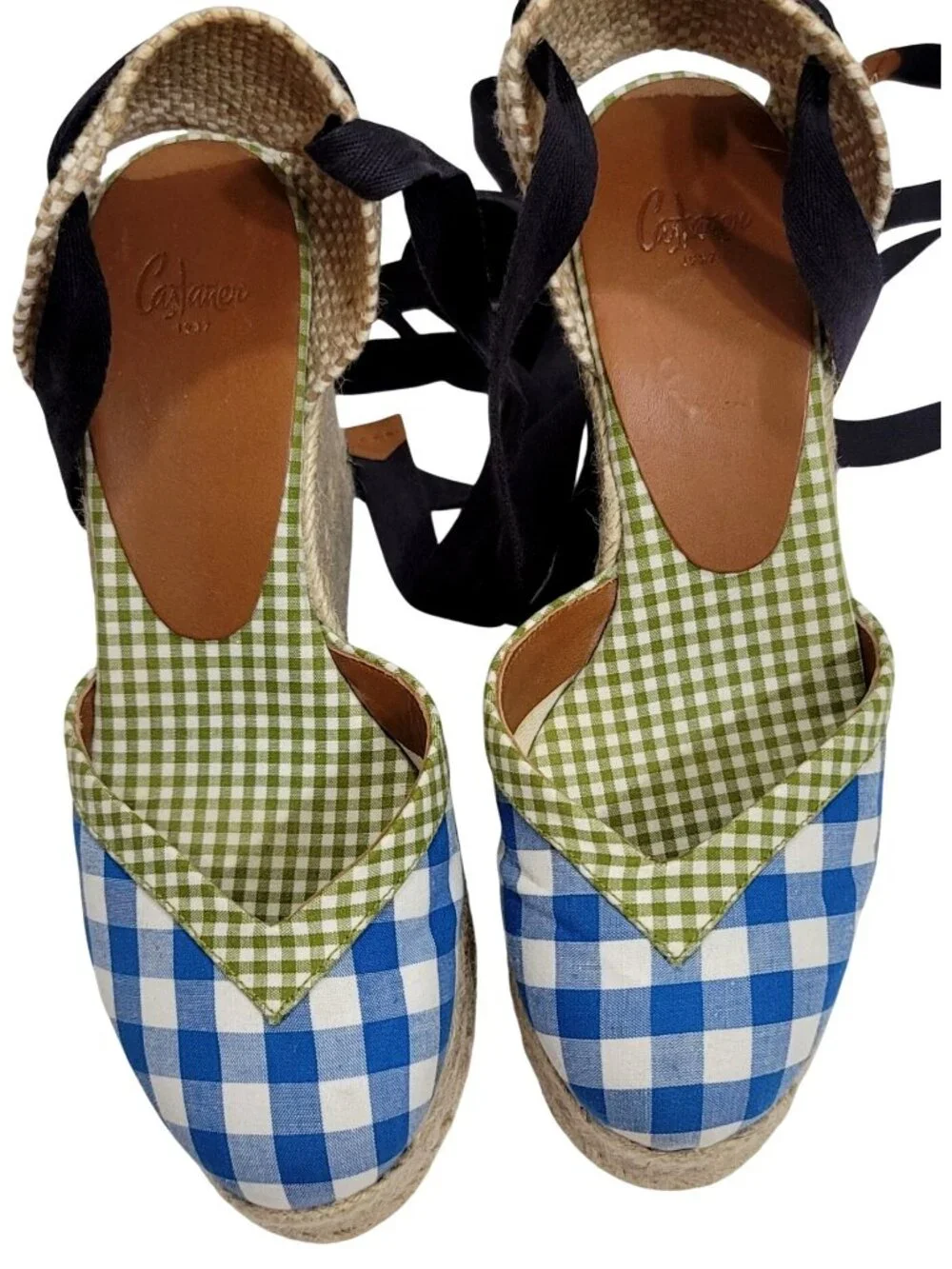 Castaner Womens Espadrille Wedges Blue Gingham Print Lace-Up Size 35
